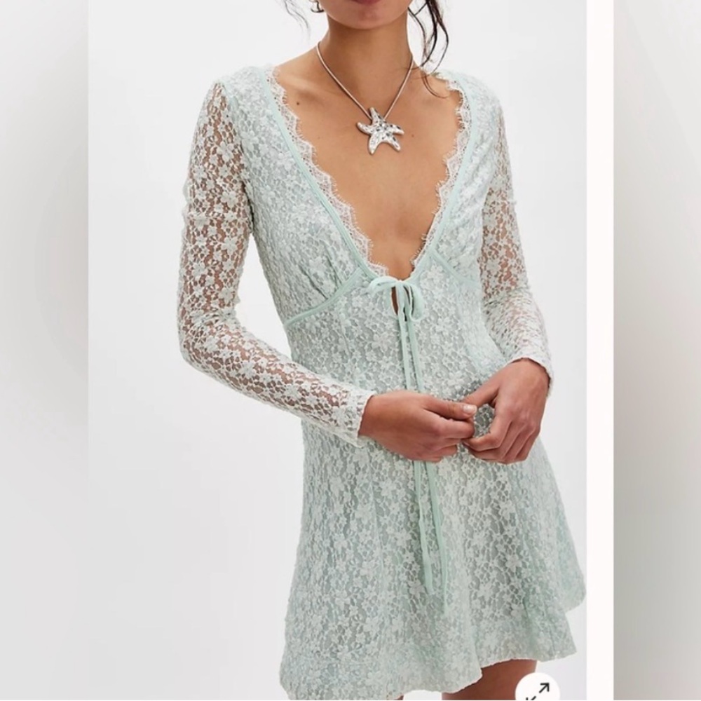 Free People Petra Lace Long Sleeve Mini Dress in Light Green